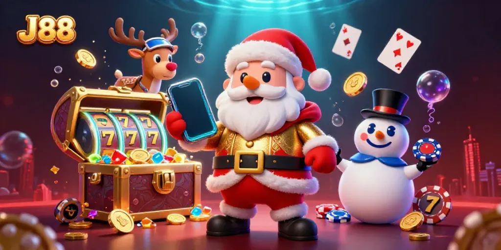 Win big with J 88 in a vibrant casino adventure featuring cartoon characters and slot reels.