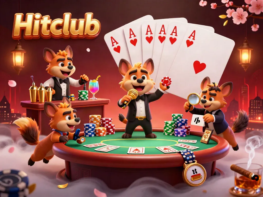 Hyenas running the Hitclub casino, featuring a comedian, bartender, and bouncer lively in action, showcasing vibrant poker elements.