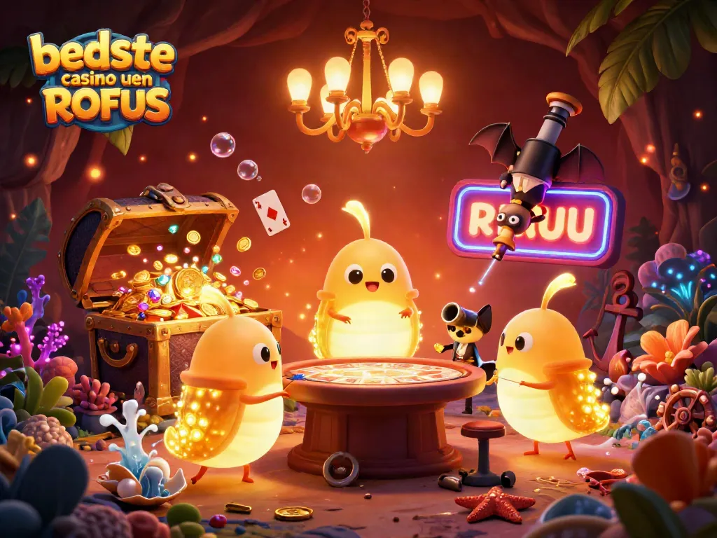 Play at bedste casino uden ROFUS with glowing creatures, treasure, and lively decoration in this vibrant scene.