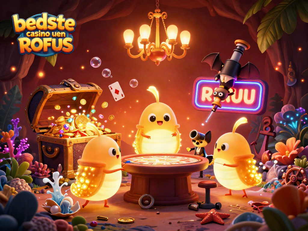 Play at bedste casino uden ROFUS with glowing creatures, treasure, and lively decoration in this vibrant scene.