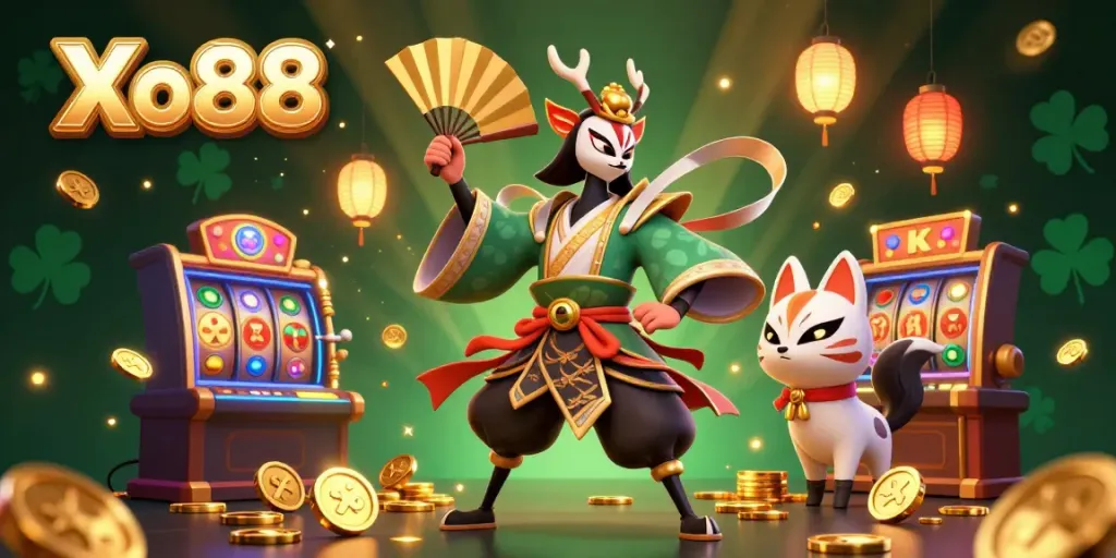 Experience thrill at Xo88 casino with vibrant illustrations of kabuki warriors and treasure.