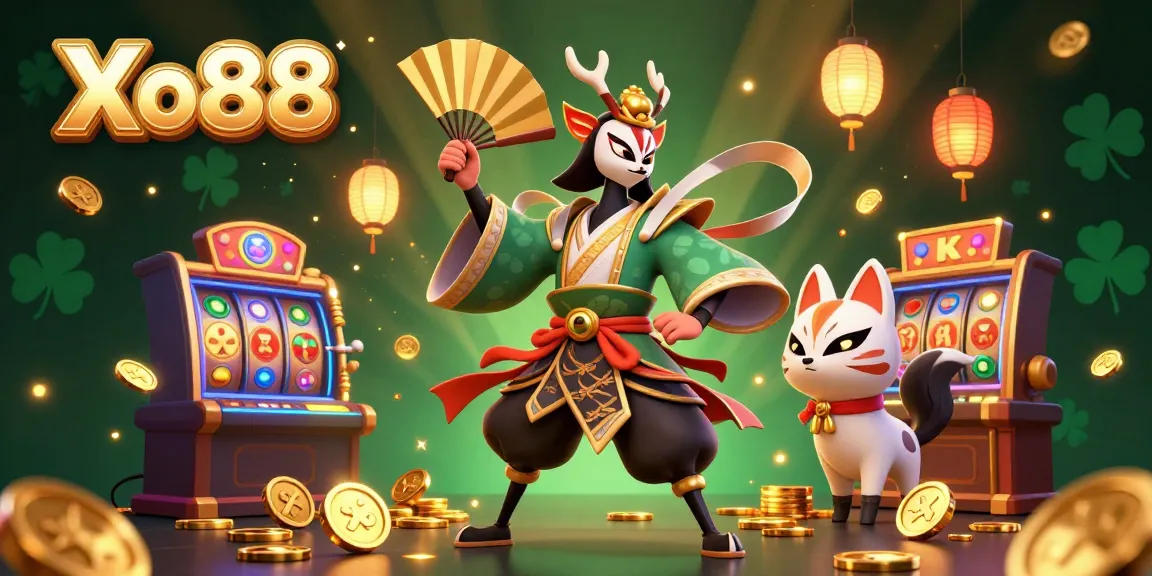 Experience thrill at Xo88 casino with vibrant illustrations of kabuki warriors and treasure.
