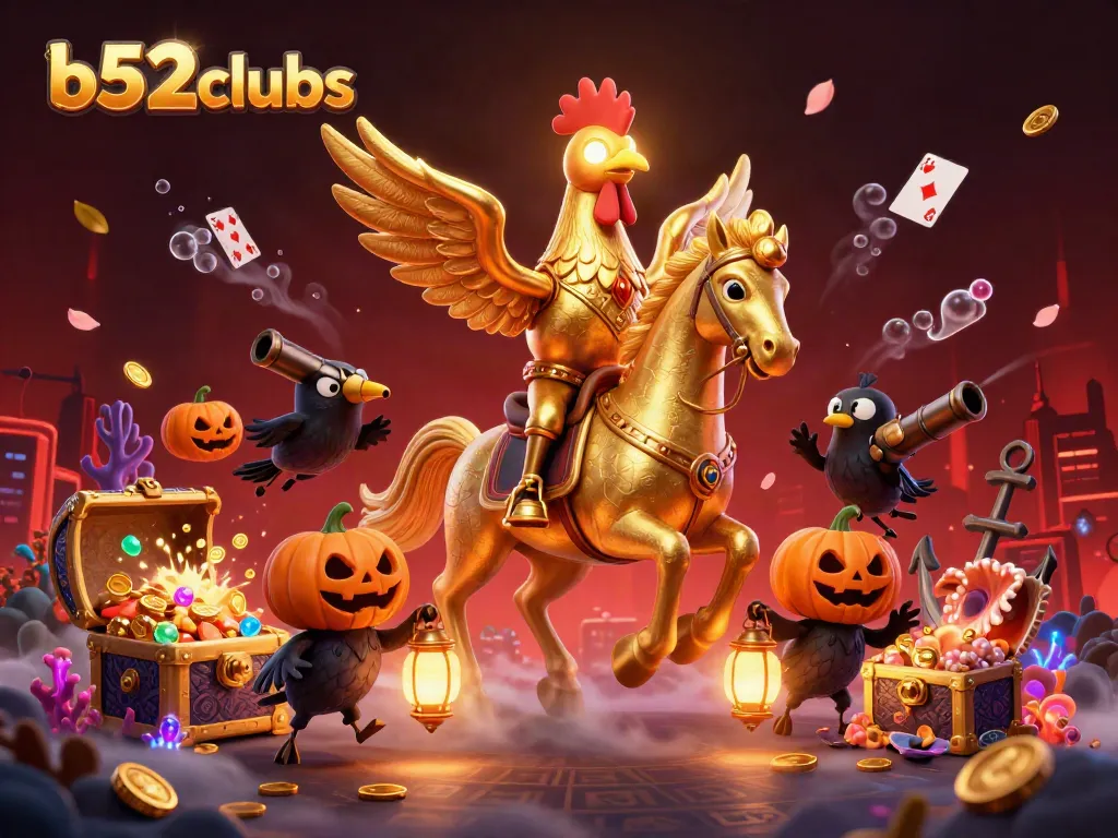 Experience thrills at b52clubs with a dynamic illustration featuring a golden rooster and casino elements.