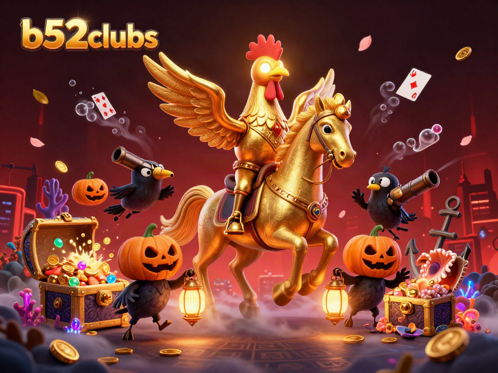 Experience thrills at b52clubs with a dynamic illustration featuring a golden rooster and casino elements.