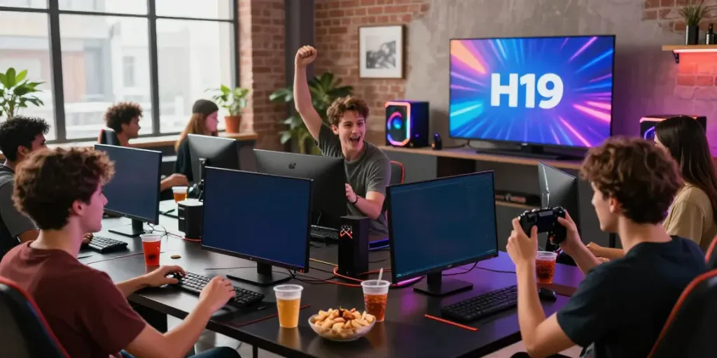 Exciting online gaming scene showcasing friends celebrating a win at H19gene com gaming hub.