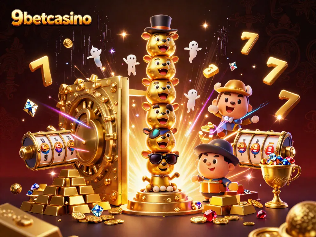 Win big at 9betcasino with vibrant cartoon elements illustrating a golden totem pole and spinning slot reels.