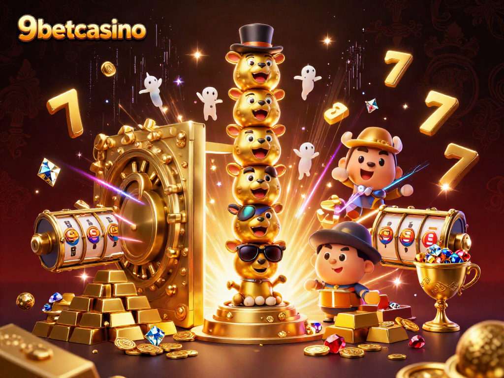 Win big at 9betcasino with vibrant cartoon elements illustrating a golden totem pole and spinning slot reels.