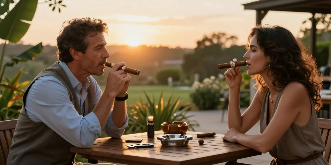 Genuss der besten kubanischen Zigarren auf einer eleganten Terrasse bei Sonnenuntergang.
