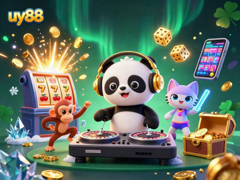 Spin to win with uy88 at the lively casino, featuring vibrant characters and action-packed elements!