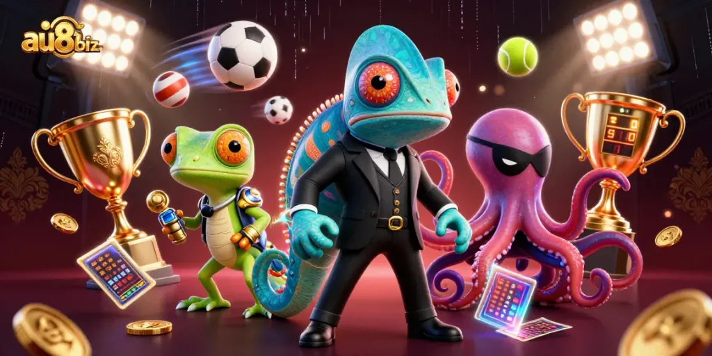 Betting strategies with au88biz illustrated through vibrant casino characters and gaming elements.