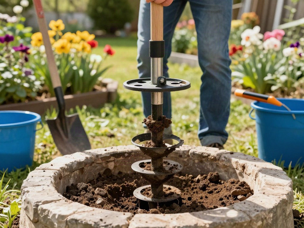 Brunnenbohren im Garten mit manuellem Erdbohrer und Werkzeugen in lebendiger Umgebung.