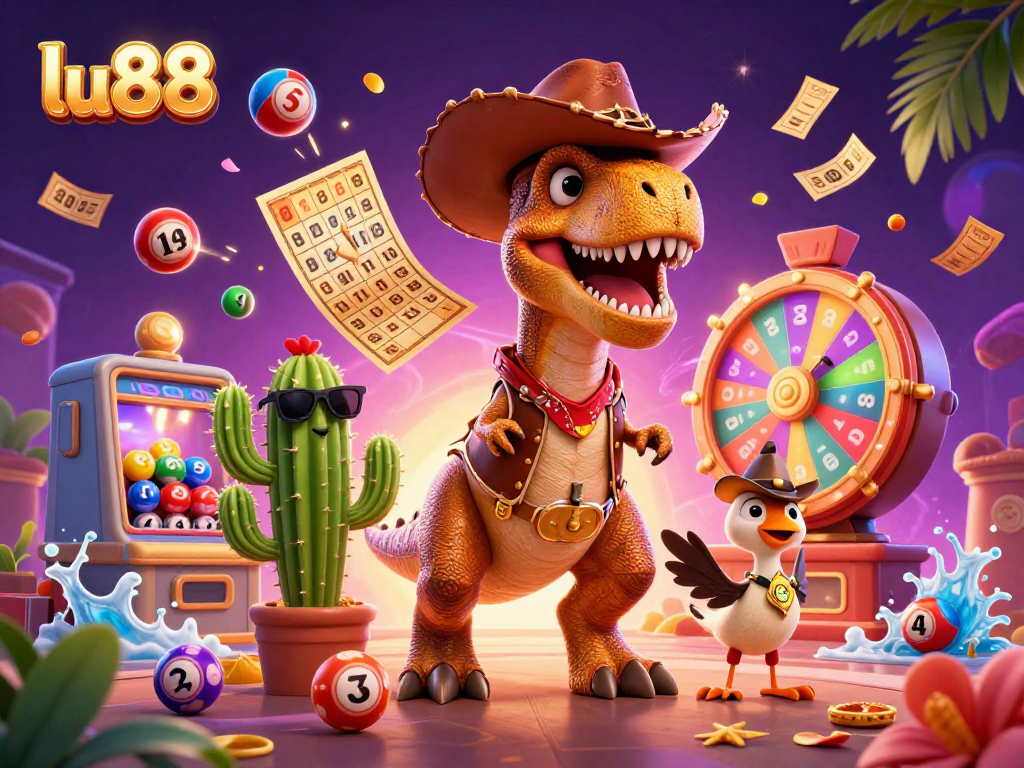 Experience thrilling action with lu88, featuring vibrant lottery balls and dynamic casino elements in a lively 3D scene.