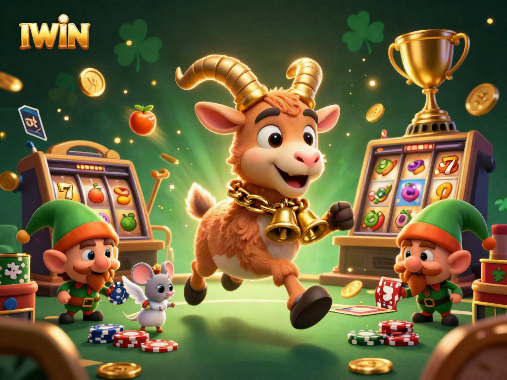 IWIN captures casino excitement with Krampus, an angel mouse, and elf gremlins in a dynamic gaming scene.