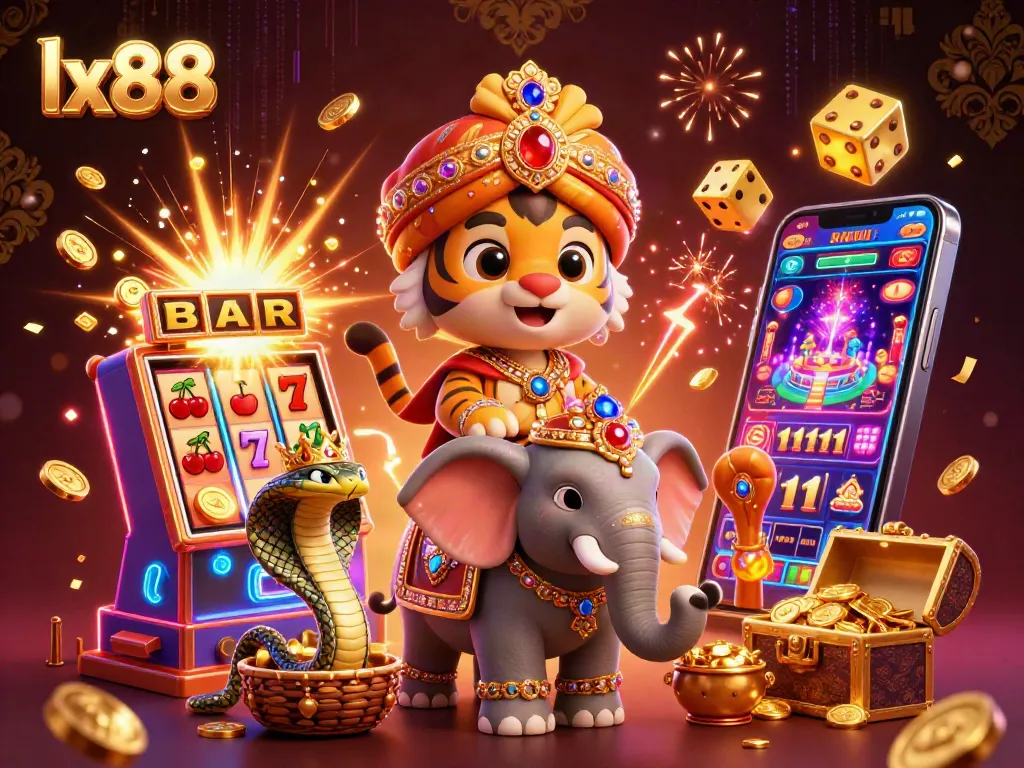 Experience thrilling wins at lx88 with a vibrant jackpot scene featuring a maharaja tiger, elephant, and coins.