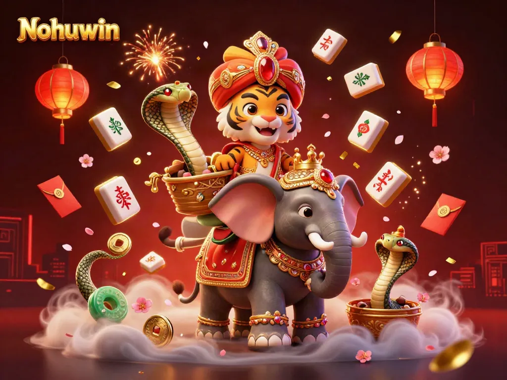 Nohuwin displays a vibrant 3D cartoon scene featuring a maharaja tiger on an elephant amid festive casino elements.