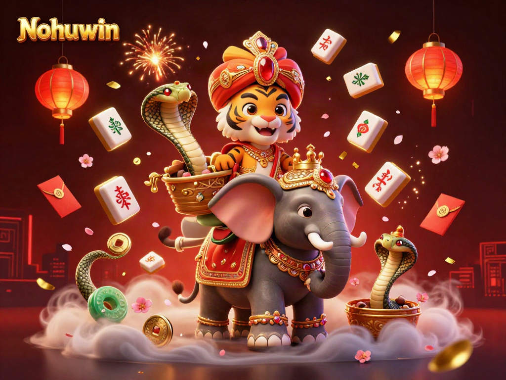 Nohuwin displays a vibrant 3D cartoon scene featuring a maharaja tiger on an elephant amid festive casino elements.
