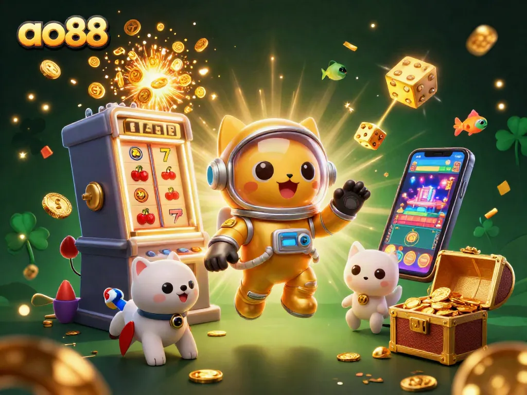 Play exciting casino games with ao88 in a dynamic, vibrant 3D space scene.