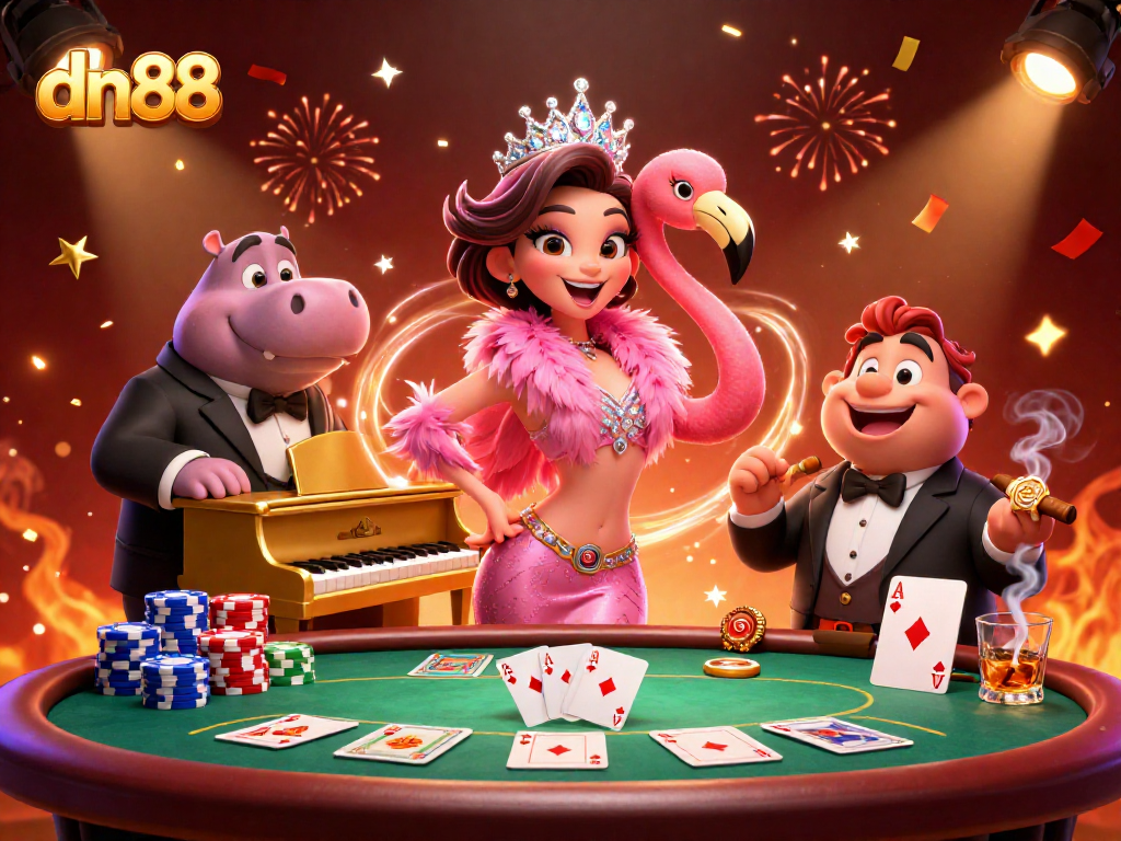 Experience fun at DN88 with a flamingo singer and hippo bassist in a vibrant casino atmosphere.