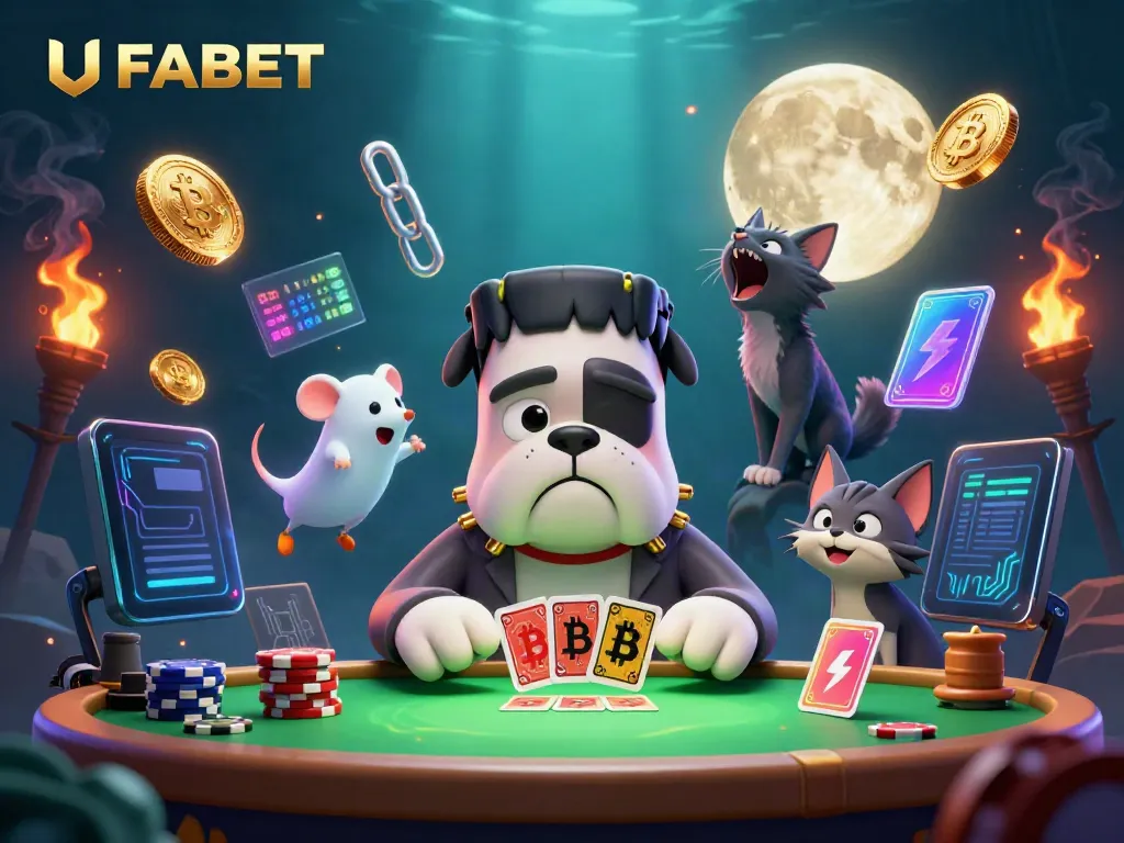 Engage in thrilling card games with UFABET's fun characters and crypto elements in a vibrant scene.