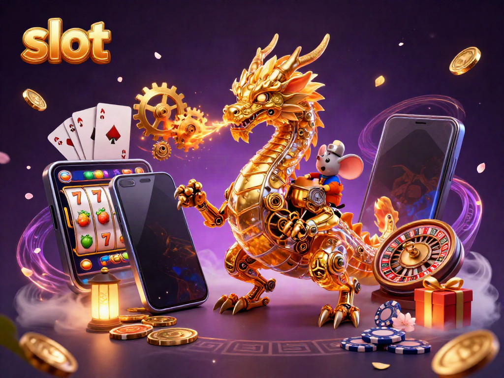 Experience thrilling slot games with golden dragon and vibrant coins in a magical 3D scene.