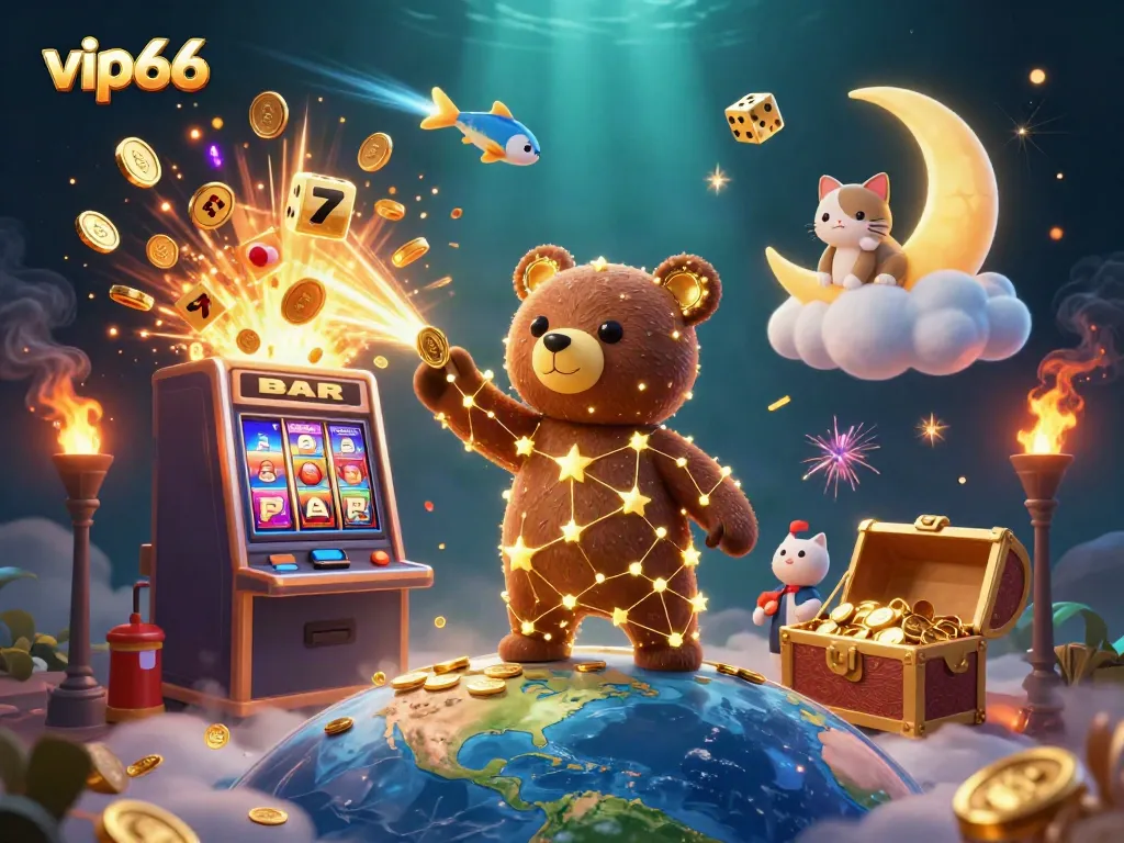 Engage with vip66's vibrant casino world featuring a constellation-themed 3D bear and treasures from a slot machine.
