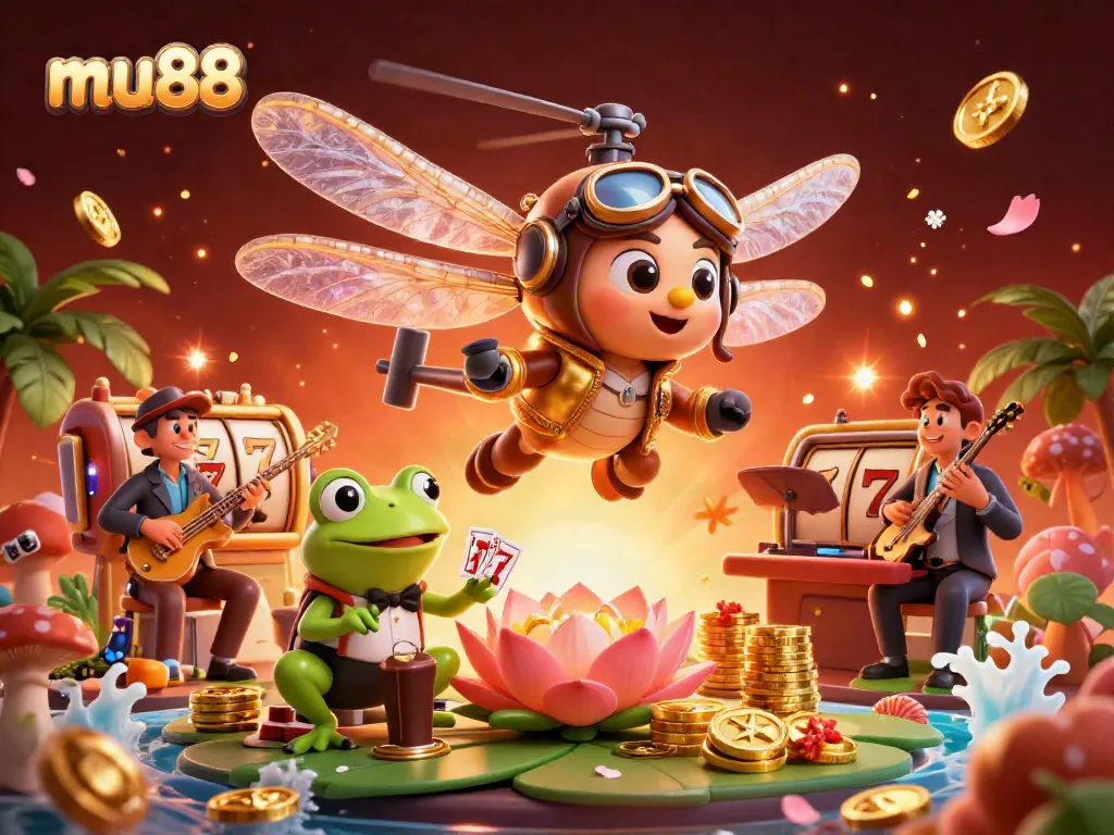 Experience thrilling games at mu88 as a croupier frog deals cards in a vibrant casino scene.
