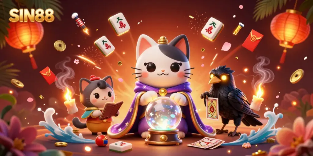 Engage in exciting gaming adventures at SIN88 with a vibrant 3D casino illustration full of mystical elements.