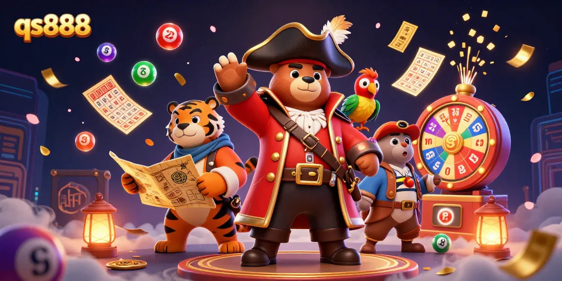Dynamic scene of qs888 with a pirate captain bear, tiger mate, and golden elements highlighting lottery excitement.