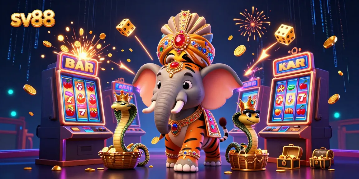 Join the excitement at sv88 with a colorful 3D illustration of a jewel-encrusted elephant and a royal tiger amidst bursting slot machines and shimmering coins.