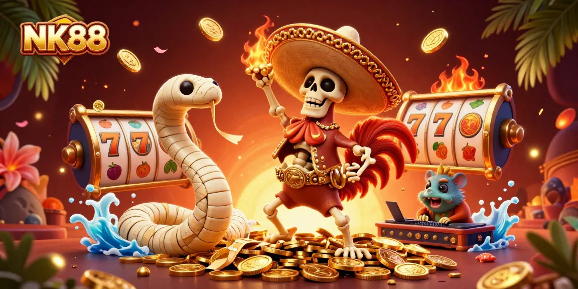 Celebrate winnings at NK88 with vibrant casino-themed characters and engaging game elements.
