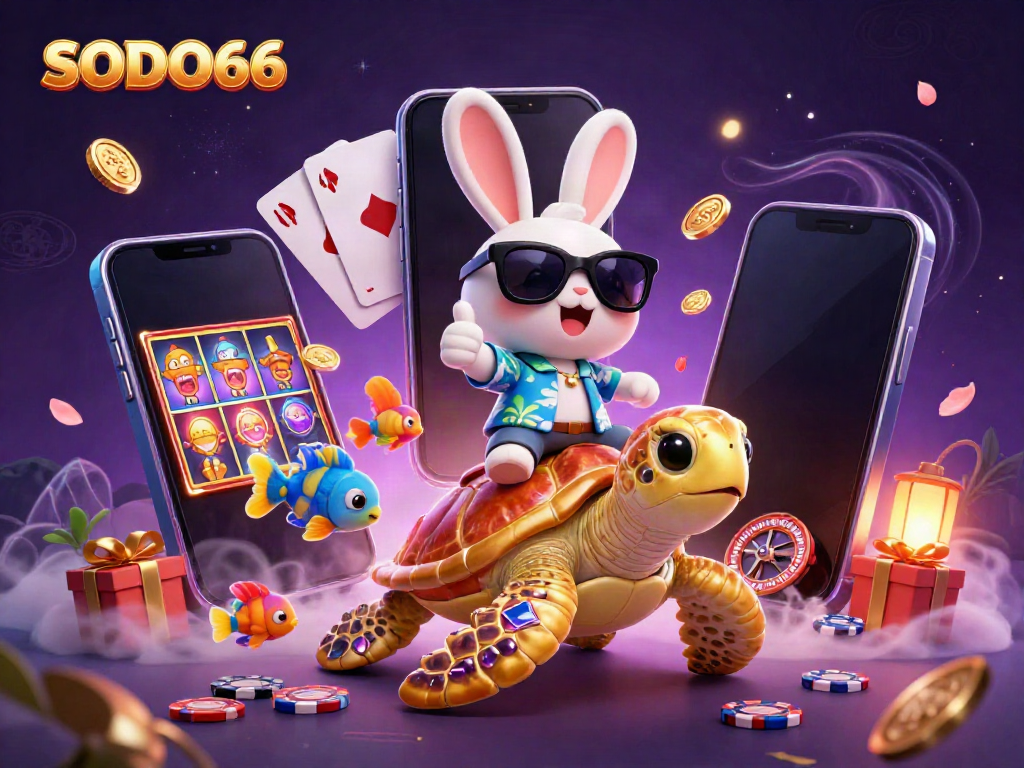 Engage with SODO66's exciting 3D casino adventure featuring a lucky rabbit and golden turtle.