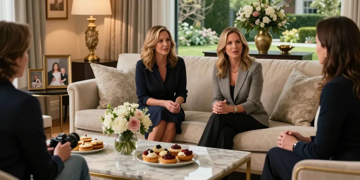 Tucker Carlson Wife Heiress Net Worth showcased in elegant living room with Susan Andrews and friends enjoying pastries.