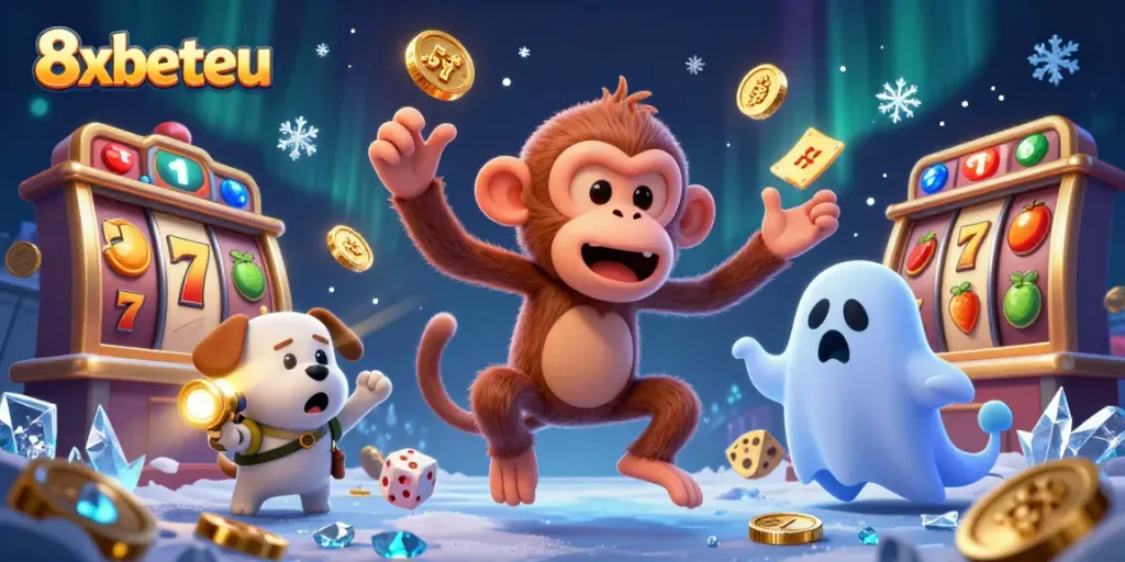 Engage with the vibrant scene of the playful 8xbeteu poltergeist monkey and ghost-hunter puppy in a haunted casino.
