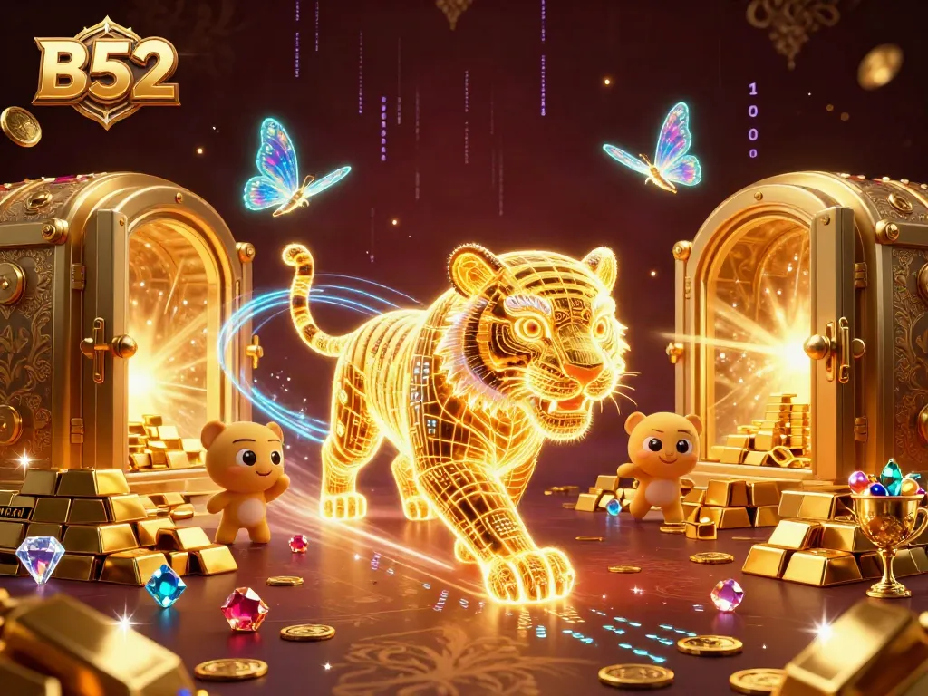 B52 gaming adventure showcased by a neon golden tiger in a vibrant casino scene