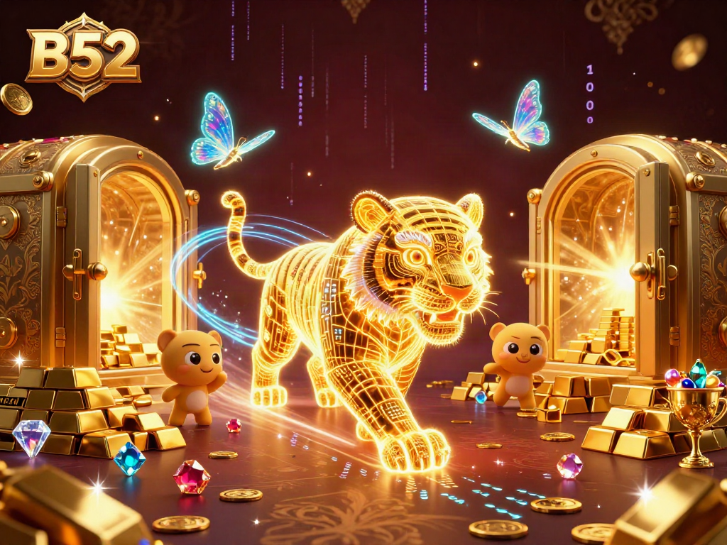 B52 gaming adventure showcased by a neon golden tiger in a vibrant casino scene