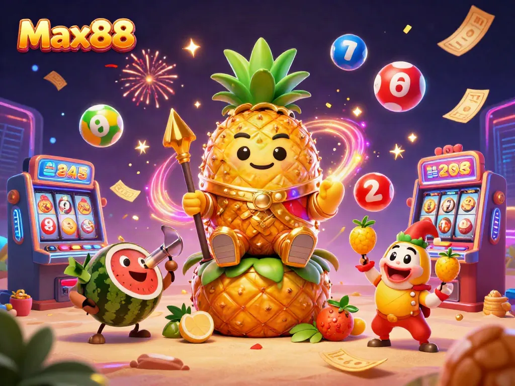 Experience the thrilling games at Max88 with a vibrant illustration of the pineapple king in a casino scene.
