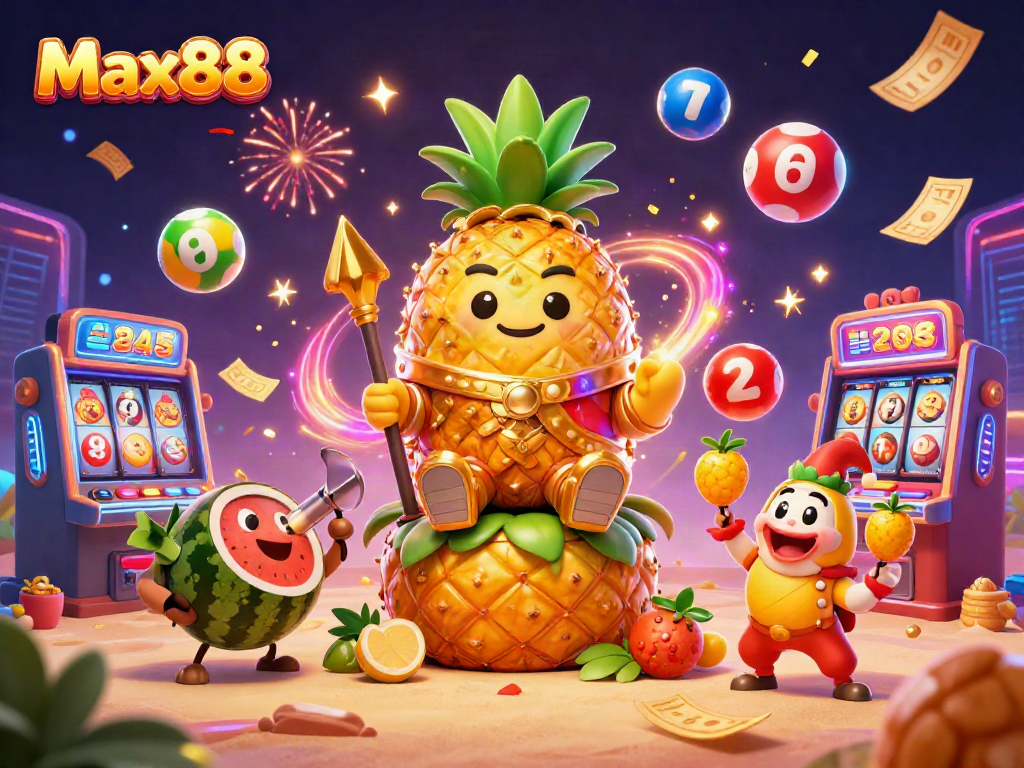 Experience the thrilling games at Max88 with a vibrant illustration of the pineapple king in a casino scene.