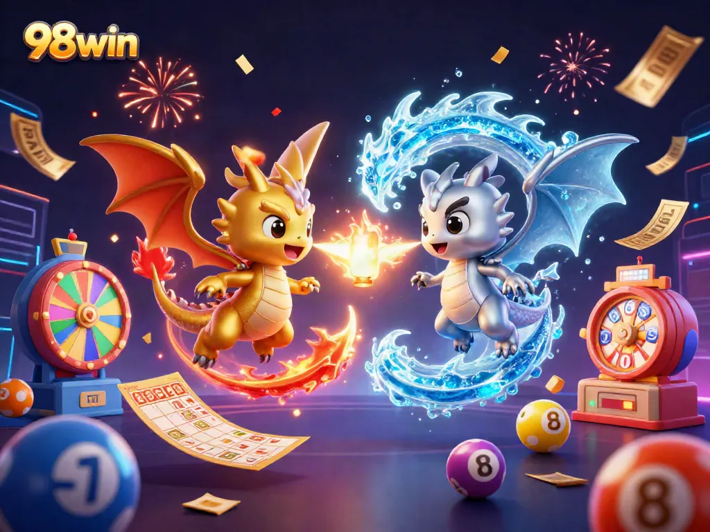 Experience the thrill of 98win with twin dragons and lottery elements in action, celebrating gaming excitement.