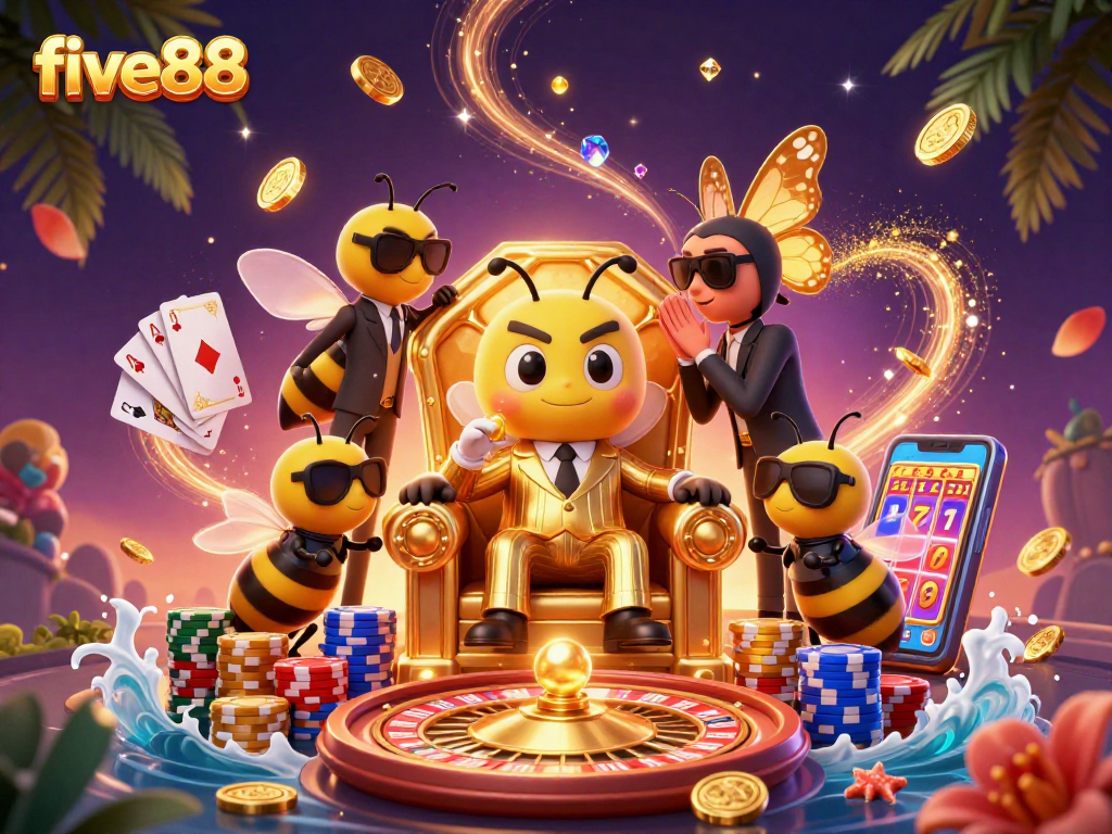 Experience thrilling gameplay at five88 with a vibrant 3D casino scene featuring exciting spinning roulette and dazzling chips.