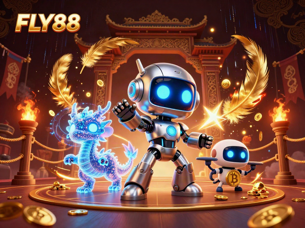 FLY88 showcases a dynamic 3D scene of a cyberpunk casino robot mascot and AI companions, embodying excitement and strategy.