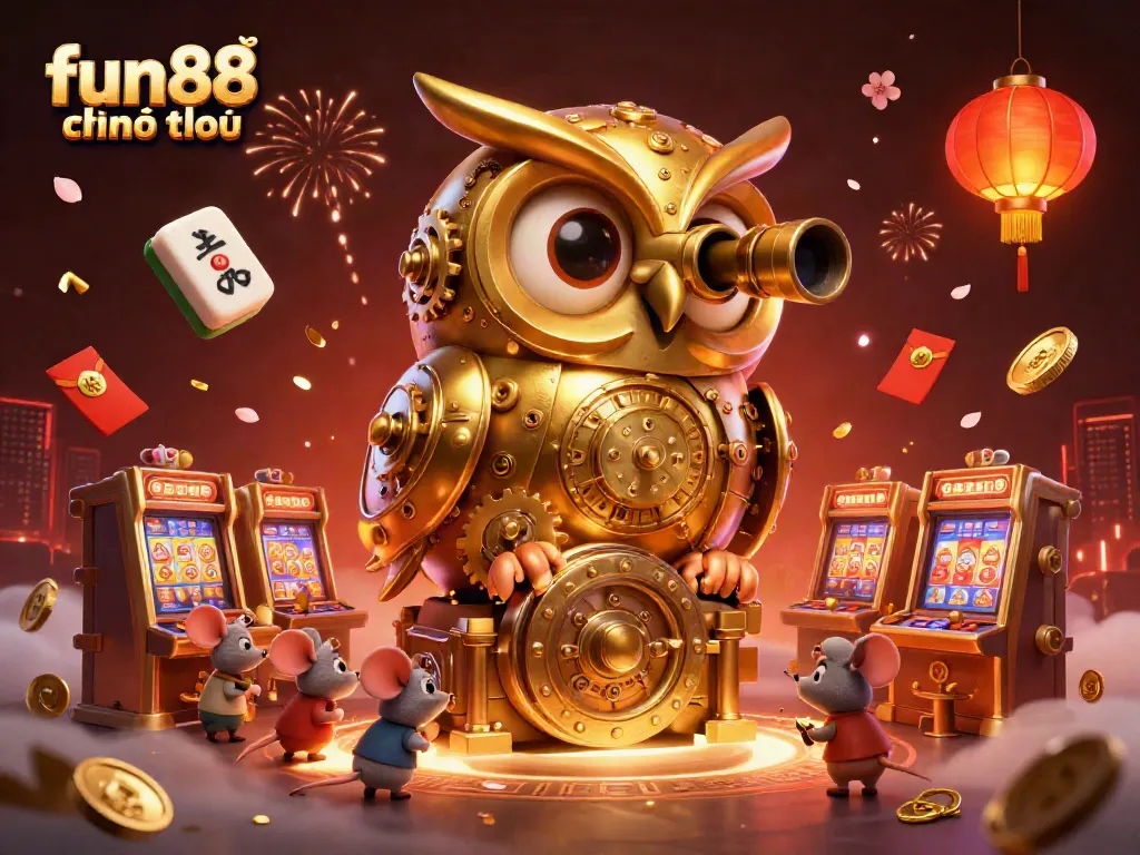 Experience fun88 chính thức with vibrant casino elements, animated characters, and warm lighting in a dynamic setting.