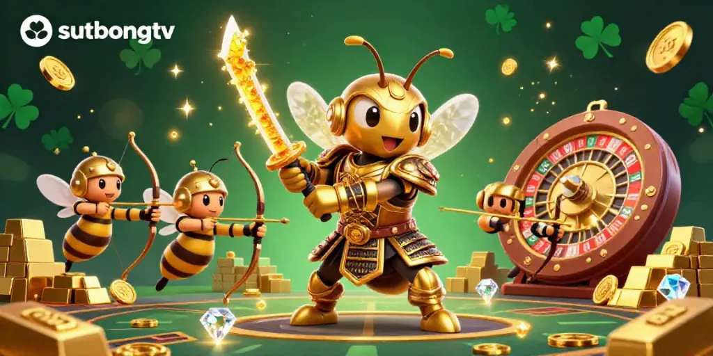 Sutbongtv captures a vibrant scene of a giant hornet in samurai armor amidst golden treasures and dynamic sports betting elements.