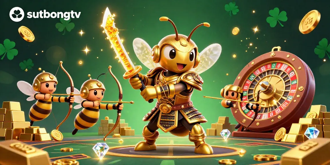 Sutbongtv captures a vibrant scene of a giant hornet in samurai armor amidst golden treasures and dynamic sports betting elements.