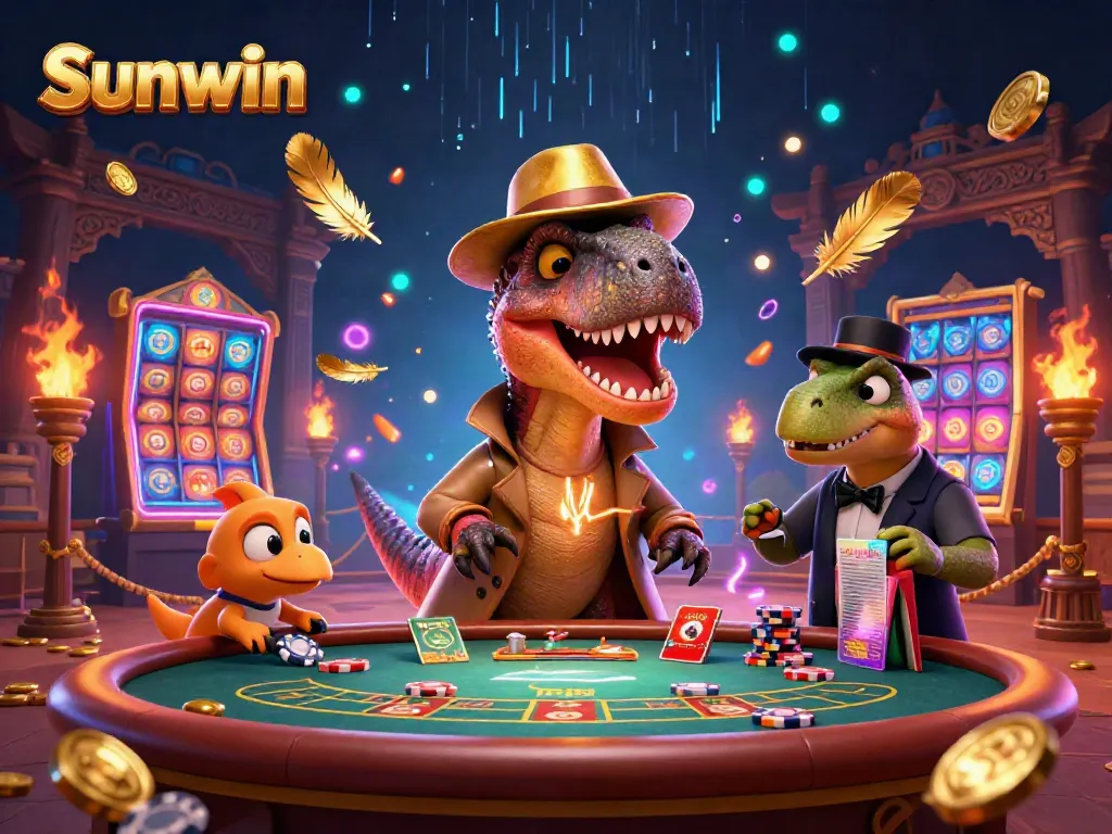 Sunwin captivates with a colorful 3D illustration featuring a velociraptor card counter amidst vibrant slots elements.