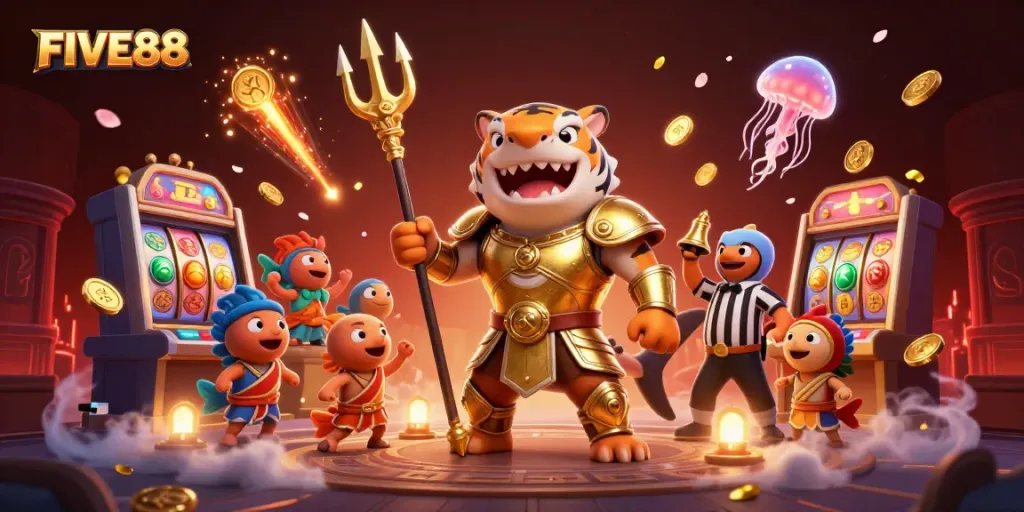 Experience excitement at FIVE88 with a fierce tiger shark and lively casino atmosphere.