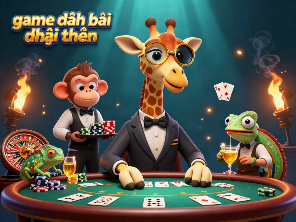 Experience the excitement of game đánh bài đổi thưởng with vibrant characters, poker tables, and glowing neon elements.