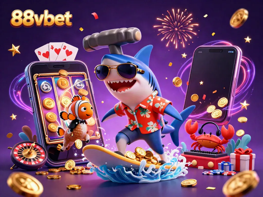 Engage with the exciting world of 88vbet through a vibrant casino-themed 3D illustration featuring fun characters and games.