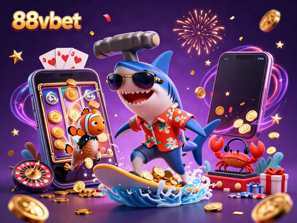 Engage with the exciting world of 88vbet through a vibrant casino-themed 3D illustration featuring fun characters and games.