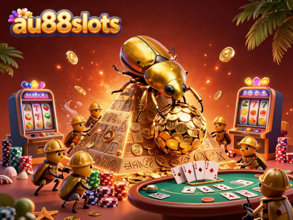 Experience the excitement of au88slots with a golden dung beetle rolling coins in a vibrant casino scene.