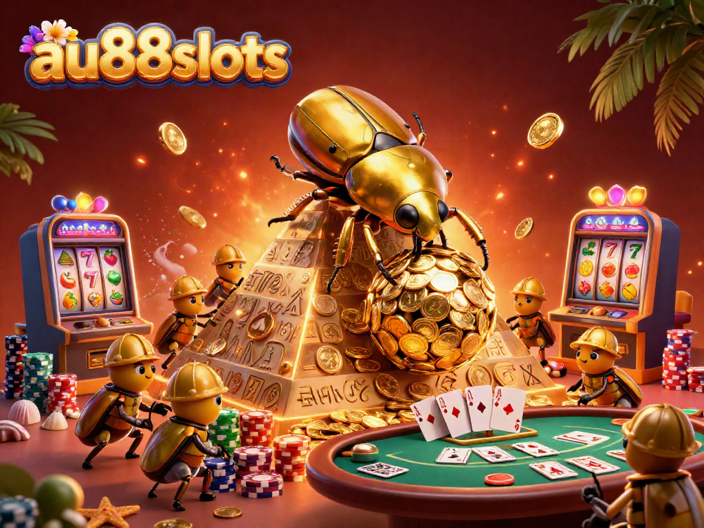 Experience the excitement of au88slots with a golden dung beetle rolling coins in a vibrant casino scene.